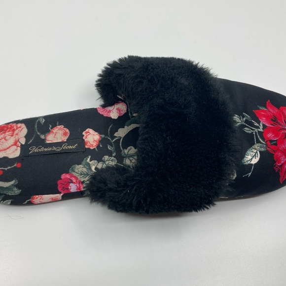Victoria’s Secret black and floral slippers with fur trim. Size Large. - Picture 2 of 4